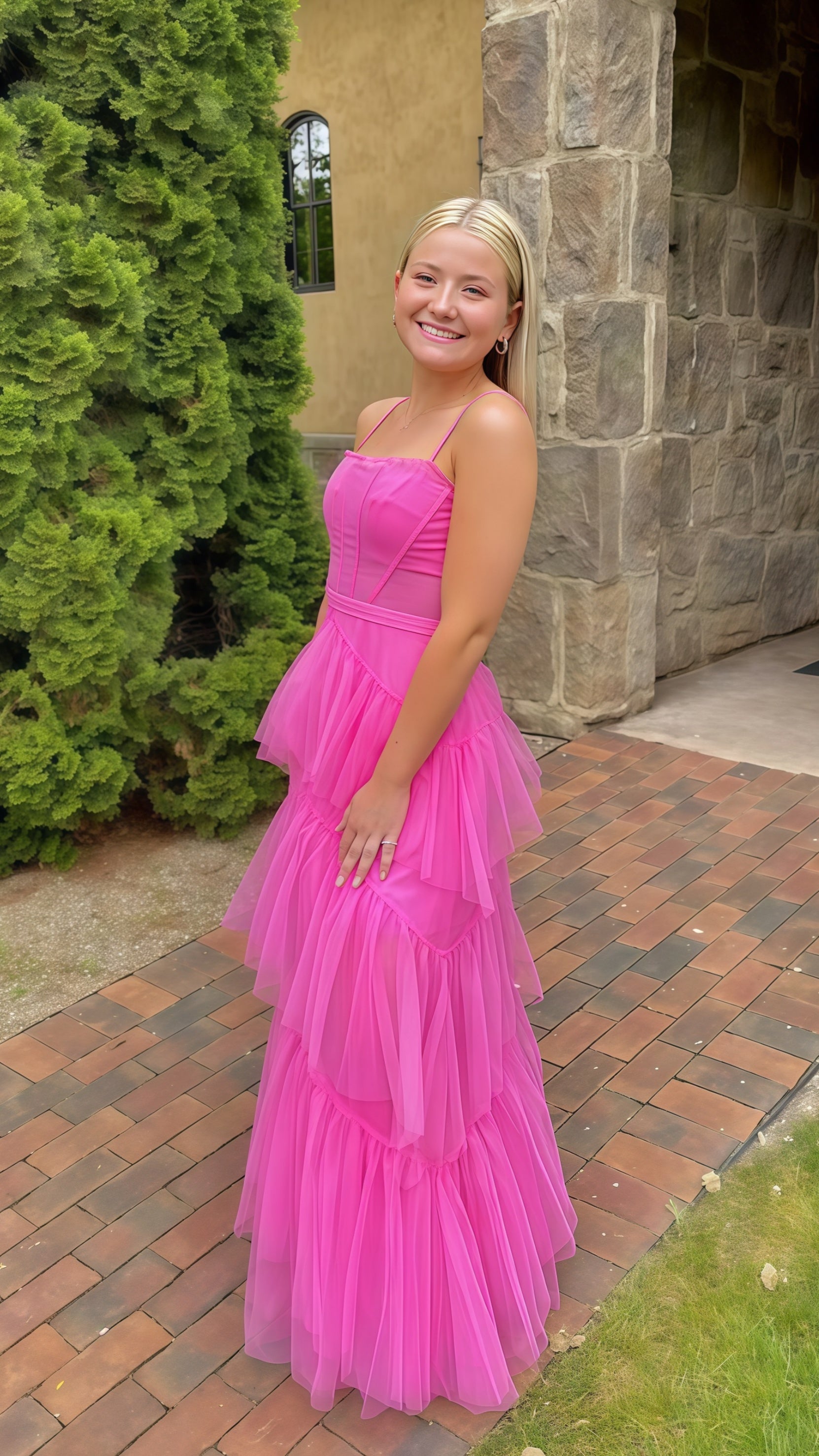 Pink Spaghetti Straps Tulle Long Prom Dress Evening Dresses Ruffles Full Length Dresses