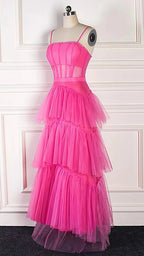 Pink Spaghetti Straps Tulle Long Prom Dress Evening Dresses Ruffles Full Length Dresses