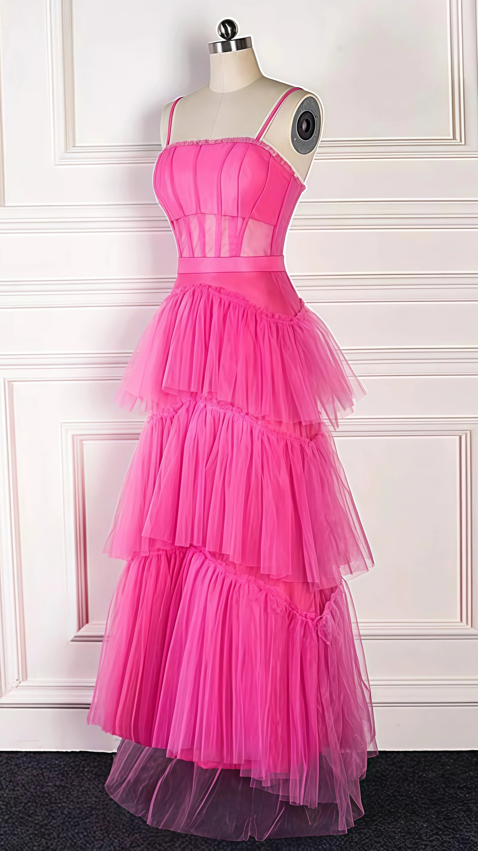 Pink Spaghetti Straps Tulle Long Prom Dress Evening Dresses Ruffles Full Length Dresses