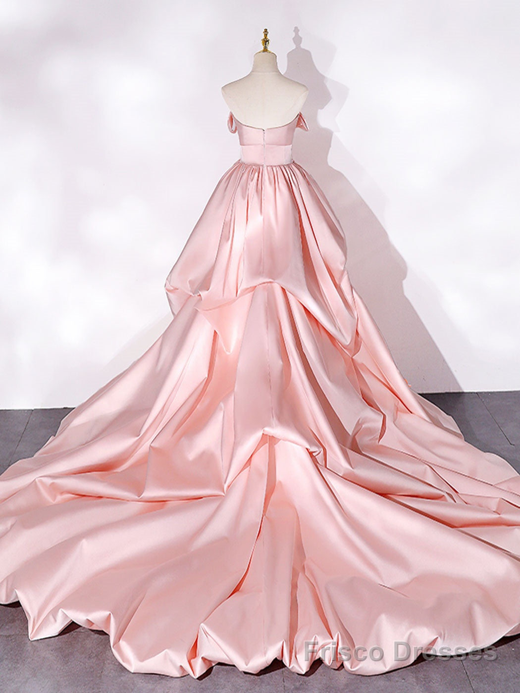 Pink Sweep Train Satin Long Prom Dress, Pink Formal Evening Dresses