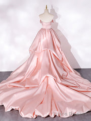 Pink Sweep Train Satin Long Prom Dress, Pink Formal Evening Dresses