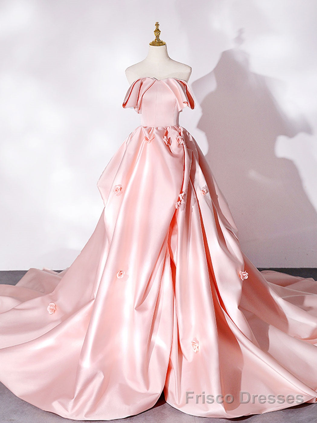 Pink Sweep Train Satin Long Prom Dress, Pink Formal Evening Dresses Secondary image