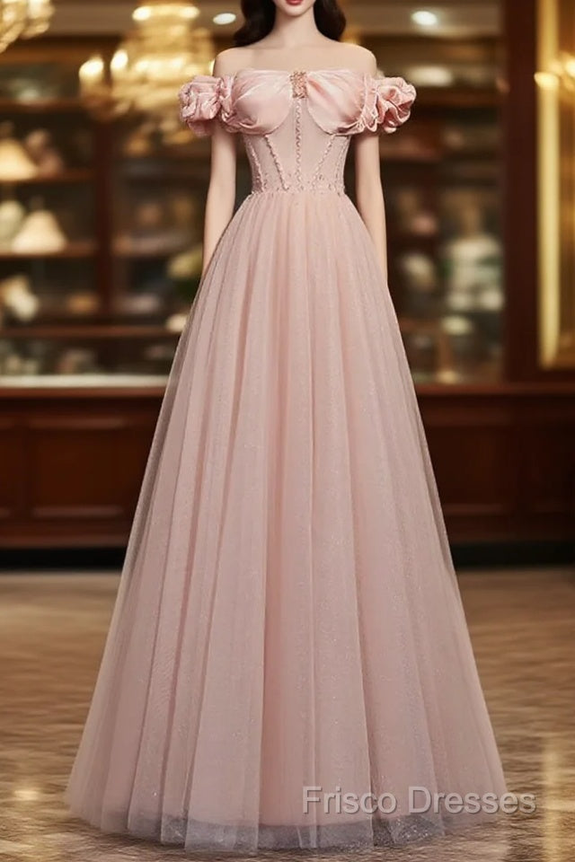 Pink Sweetheart Beaded Tulle Long Formal Prom Dress, A-Line Pink Formal Dress Main image