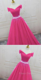 Pink Sweetheart Beaded Tulle Off Shoulder Long Formal Prom Dress, Pink Formal Dress