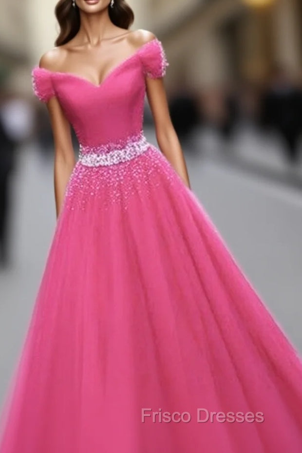 Pink Sweetheart Beaded Tulle Off Shoulder Long Formal Prom Dress, Pink Formal Dress Main image