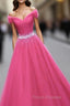 Pink Sweetheart Beaded Tulle Off Shoulder Long Formal Prom Dress, Pink Formal Dress
