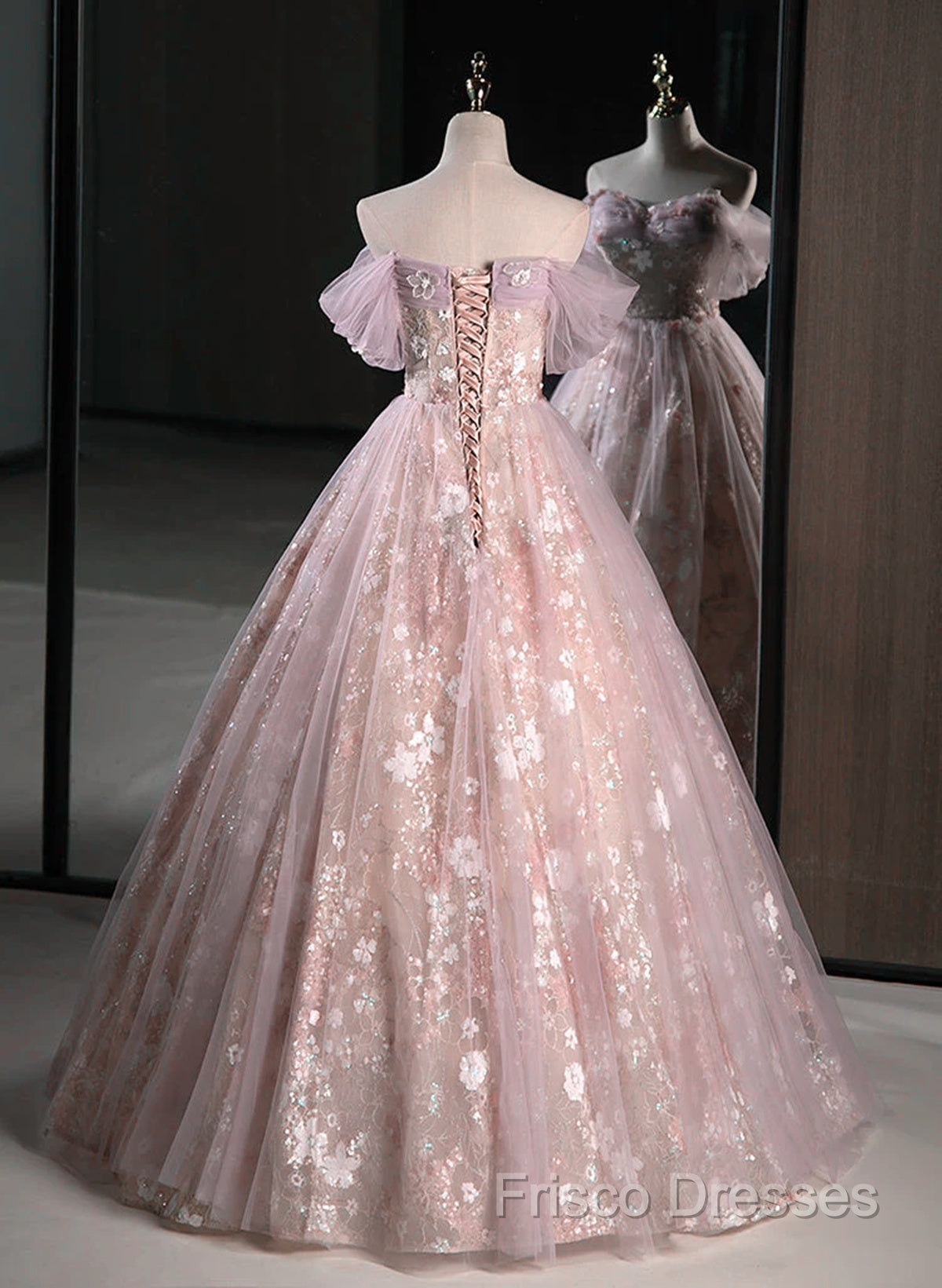 Pink Sweetheart Floral Lace And Tulle Formal Prom Dress, Pink Sweetheart Long Party Dress