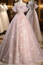 Pink Sweetheart Floral Lace And Tulle Formal Prom Dress, Pink Sweetheart Long Party Dress