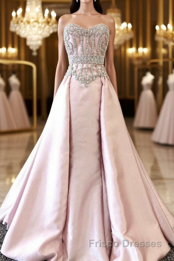 pink sweetheart neck beads long Formal Prom Dresses, pink evening Dresses Main image