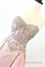pink sweetheart neck beads long Formal Prom Dresses, pink evening Dresses