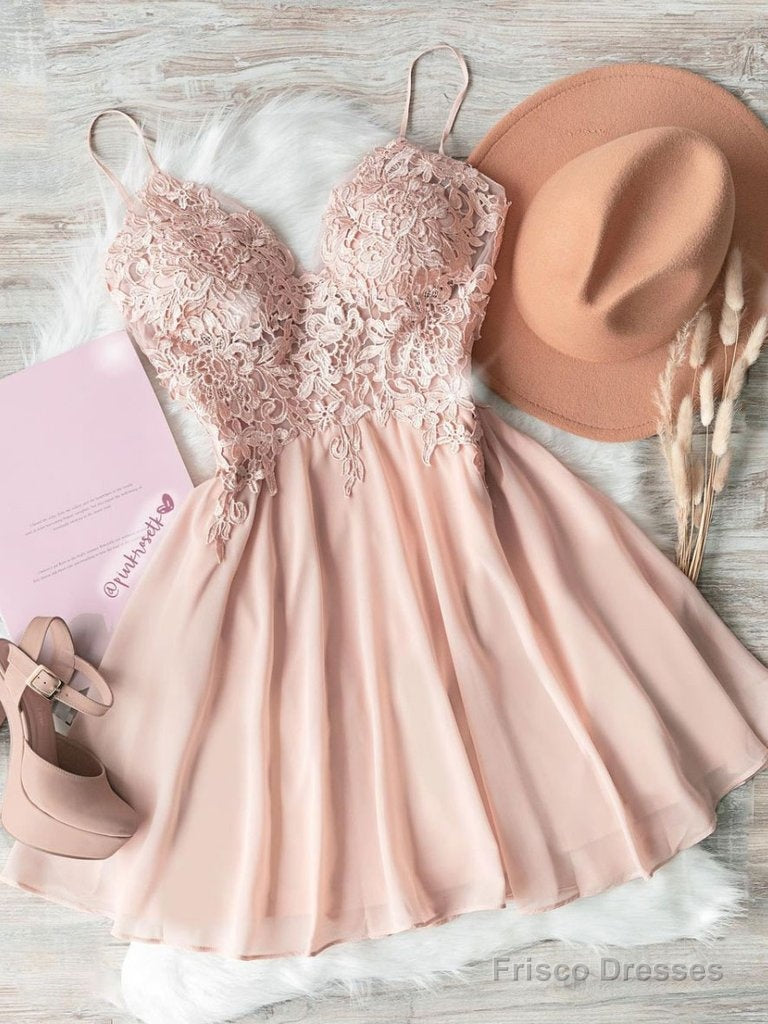 Pink Sweetheart Neck Chiffon Lace Short Prom Dress Lace Homecoming Dress Main image