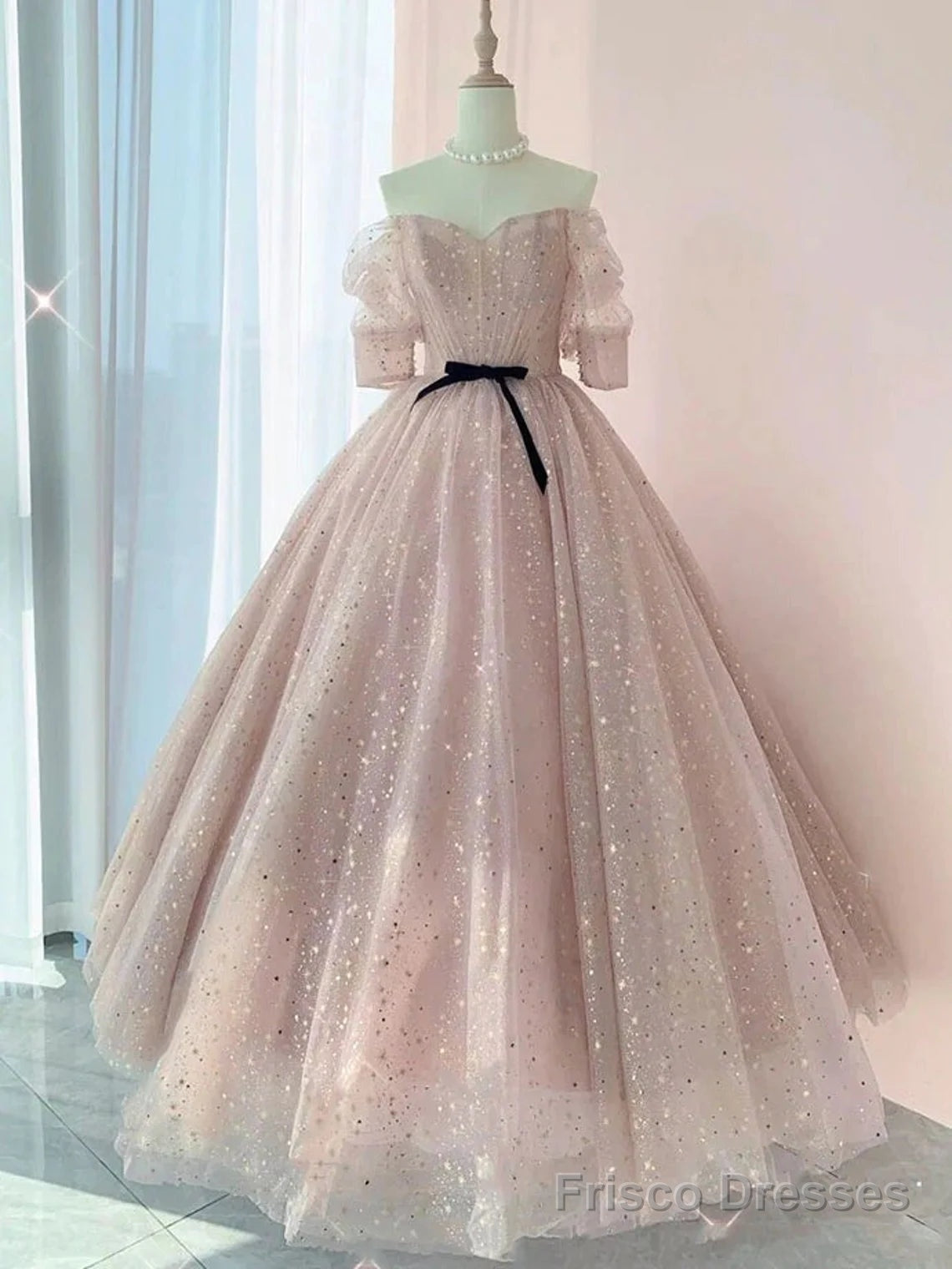 Pink Sweetheart-Neck Tulle Lace Half-Sleeve Prom Dresses, Pink Party Dress Secondary image
