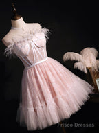 Pink Sweetheart Neck Tulle Lace Short Prom Dress, Puffy Pink Homecoming Dress