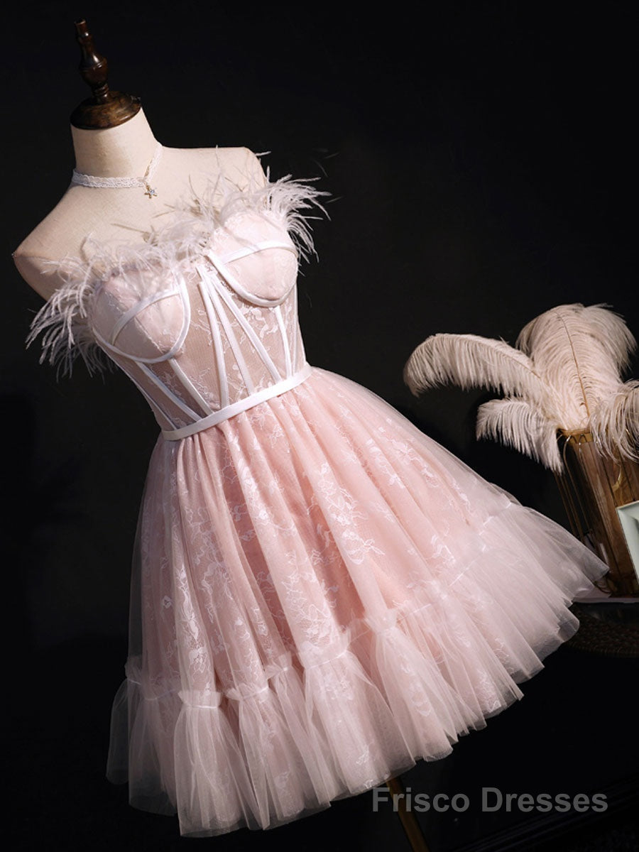 Pink Sweetheart Neck Tulle Lace Short Prom Dress, Puffy Pink Homecoming Dress