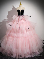 Pink Sweetheart Neck Tulle Long Prom Dress, Pink Long Prom Gown