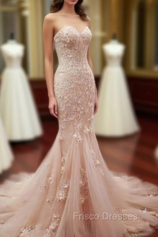 Pink Sweetheart Neck Tulle Mermaid Long Formal Prom Dress, Wedding Dress