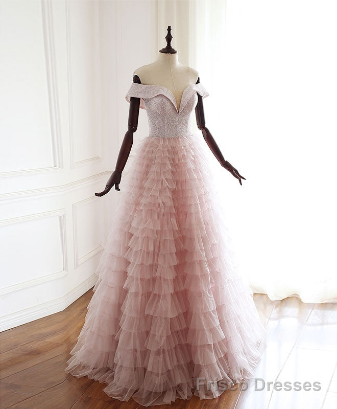 Pink Sweetheart Off Shoulder Tulle Long Prom Dress Pink Evening Dress Secondary image