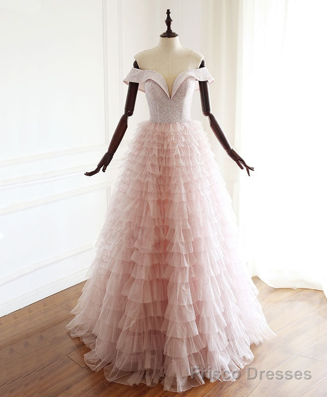Pink Sweetheart Off Shoulder Tulle Long Prom Dress Pink Evening Dress Main image