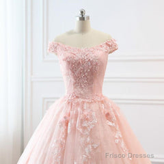 Pink Sweetheart Off Shoulder With Lace Long Sweet 16 Dress, Pink Formal Dress
