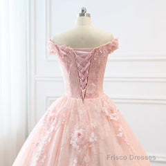 Pink Sweetheart Off Shoulder With Lace Long Sweet 16 Dress, Pink Formal Dress