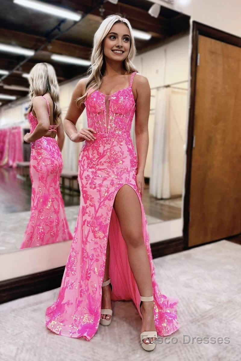 Pink Sweetheart Sequins Lace Mermaid Prom Dresses with Slit Main image