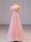 Pink Sweetheart Short Sleeves Long A-line Prom Dress, Pink Evening Gowns