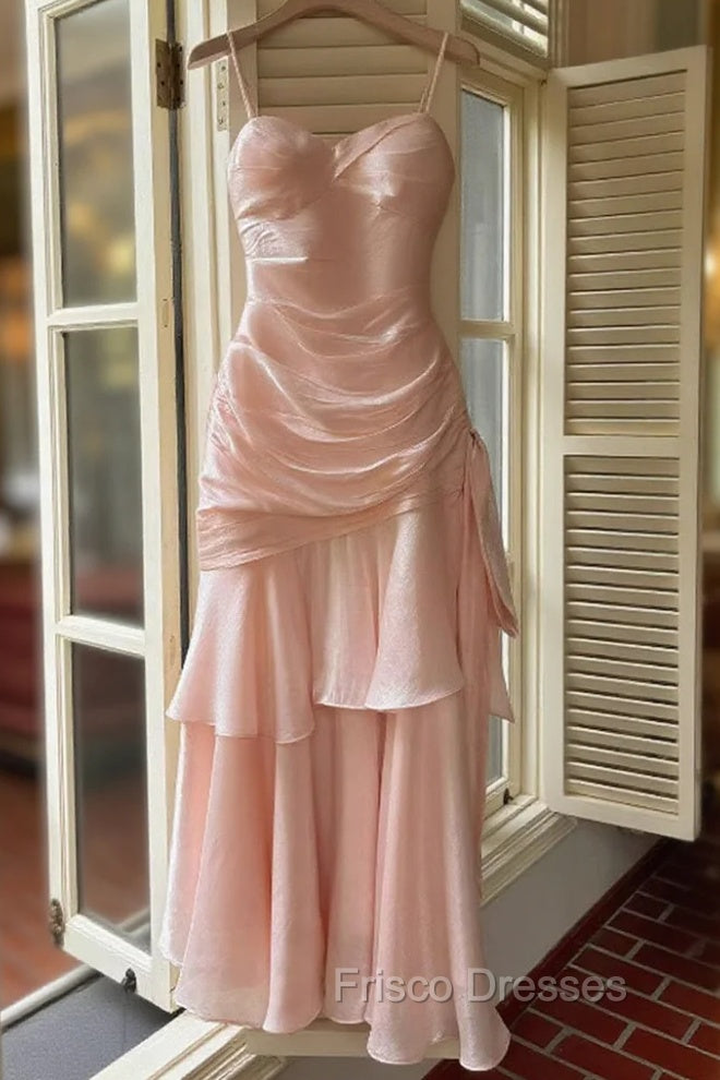 Pink Sweetheart Straps Mermaid Evening Dress, Pink Satin Long Formal Prom Dress