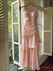 Pink Sweetheart Straps Mermaid Evening Dress, Pink Satin Long Prom Dress