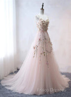 Pink Sweetheart Tulle With Lace Flowers Long Formal Dress, Pink Tulle Formal Prom Dress