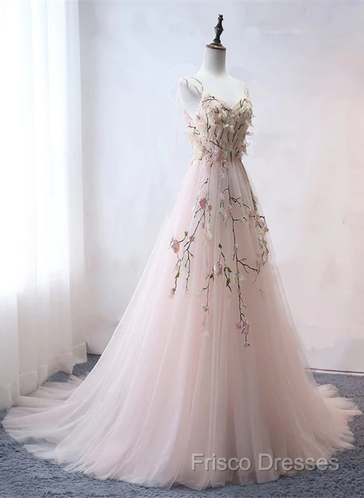 Pink Sweetheart Tulle With Lace Flowers Long Formal Dress, Pink Tulle Formal Prom Dress