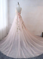 Pink Sweetheart Tulle With Lace Flowers Long Formal Dress, Pink Tulle Formal Prom Dress