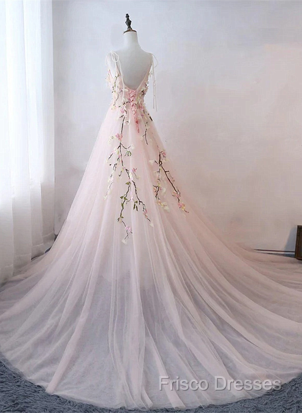 Pink Sweetheart Tulle With Lace Flowers Long Formal Dress, Pink Tulle Formal Prom Dress