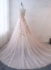 Pink Sweetheart Tulle With Lace Flowers Long Evening Dress, Pink Tulle Prom Dress