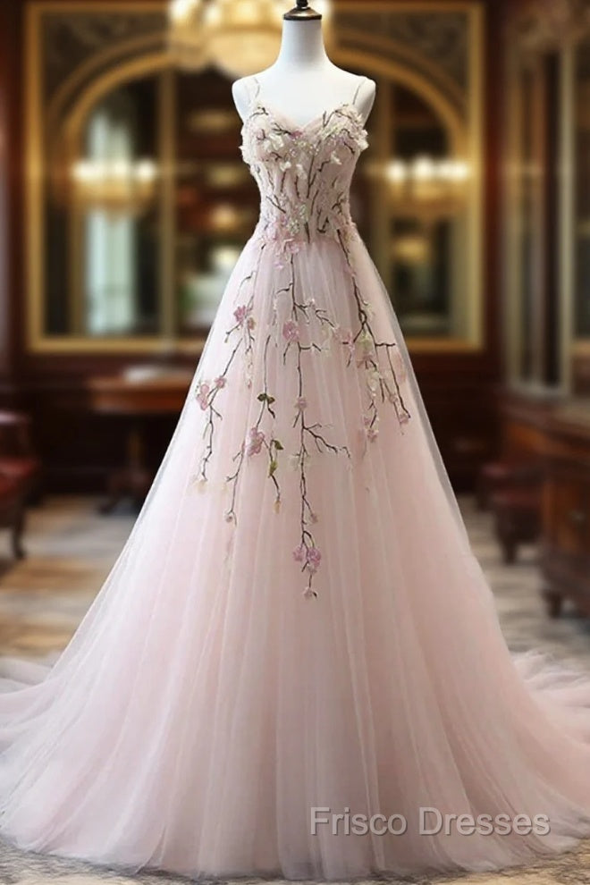 Pink Sweetheart Tulle With Lace Flowers Long Formal Dress, Pink Tulle Formal Prom Dress Main image
