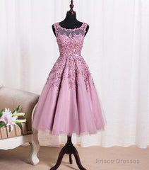 Pink Tea Length School Homecoming Dresses, Applique Pearls  Short Prom Dresses, Pink Party Dresses
