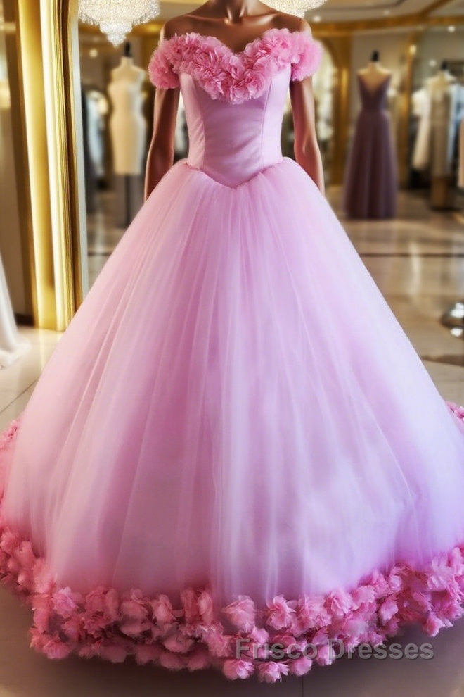 Pink tulle 3d flower tulle long Formal Prom gown, pink tulle evening Dresses Main image