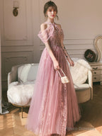 Pink Tulle A-Line Long Formal Dresses, Pink High Neckline Party Dresses Prom Dresses