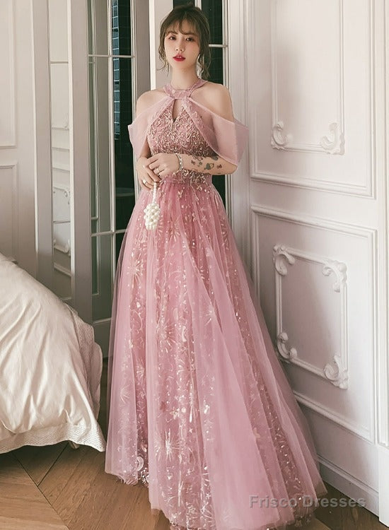 Pink Tulle A-Line Long Formal Dresses, Pink High Neckline Party Dresses Prom Dresses Main image