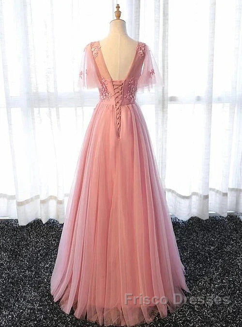 Pink Tulle A-Line Long Party Dress Bridesmaid Dress A Line Short Sleeves Floor Length Formal Prom Dress Secondary image