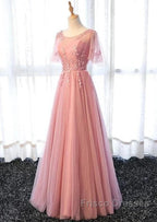 Pink Tulle A-Line Long Party Dress Bridesmaid Dress A Line Short Sleeves Floor Length Formal Prom Dress