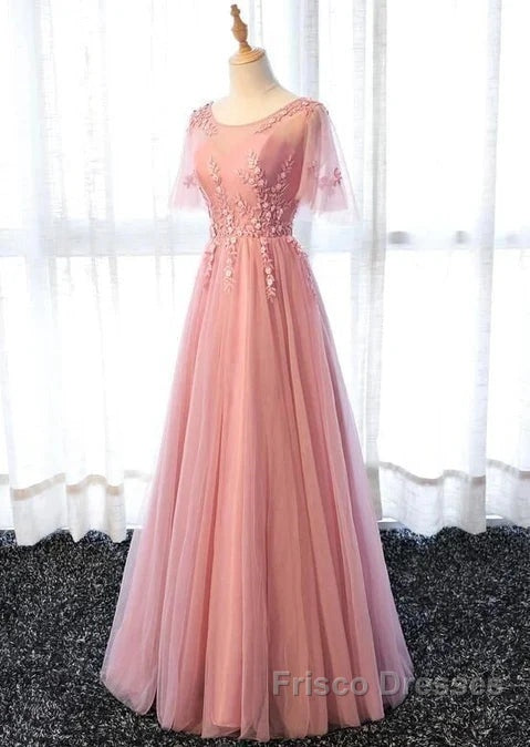 Pink Tulle A-Line Long Party Dress Bridesmaid Dress A Line Short Sleeves Floor Length Formal Prom Dress