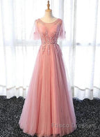Pink Tulle A-Line Long Party Dress Bridesmaid Dress A Line Short Sleeves Floor Length Formal Prom Dress