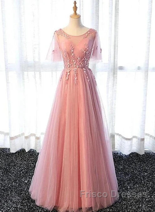 Pink Tulle A-Line Long Party Dress Bridesmaid Dress A Line Short Sleeves Floor Length Formal Prom Dress