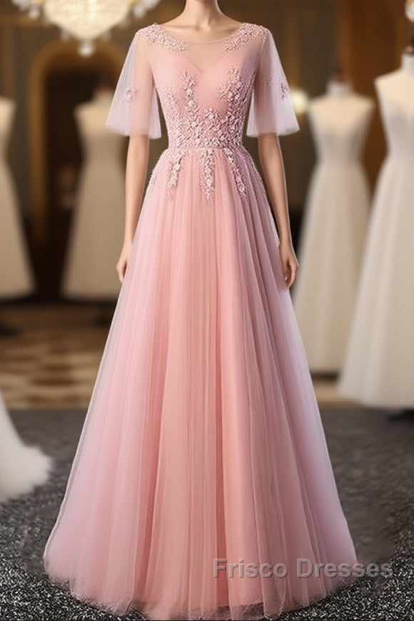 Pink Tulle A-Line Long Party Dress Bridesmaid Dress A Line Short Sleeves Floor Length Formal Prom Dress Main image