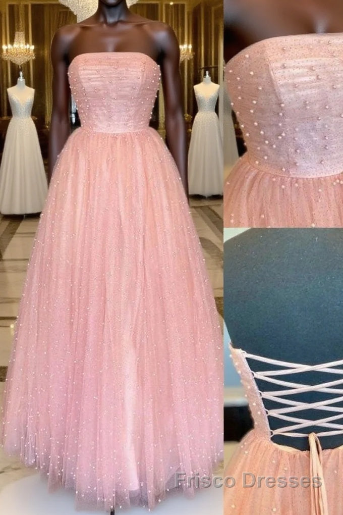 Pink tulle A-line long Formal Prom Dresses tulle formal Dresses
