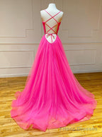 Pink Tulle A Line Ruffles Long Prom Dress