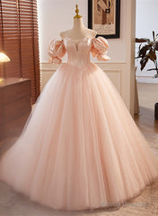 Pink Tulle And Satin Beaded Sweetheart Long Formal Dress, Pink Sweet 16 Dress