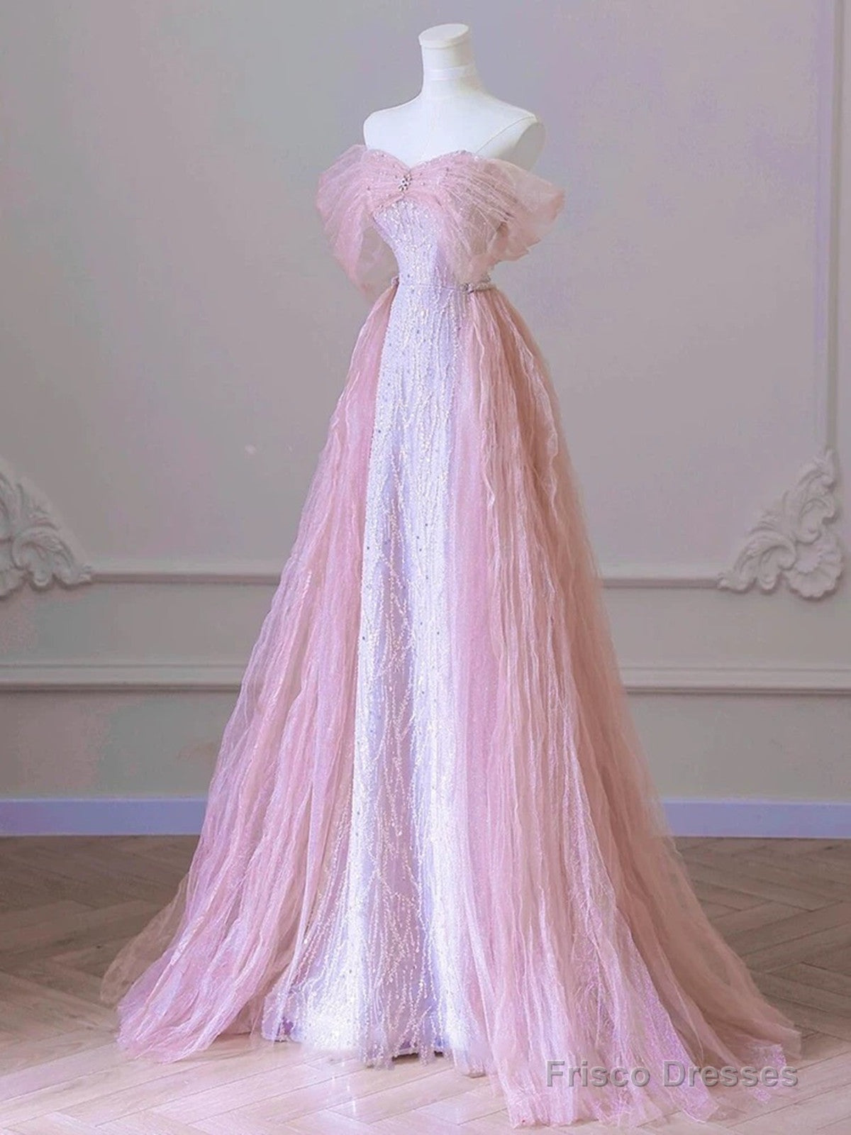 Pink Tulle And Sequins Off Shoulder Long Party Dress, Pink Beaded Chich Prom Dress