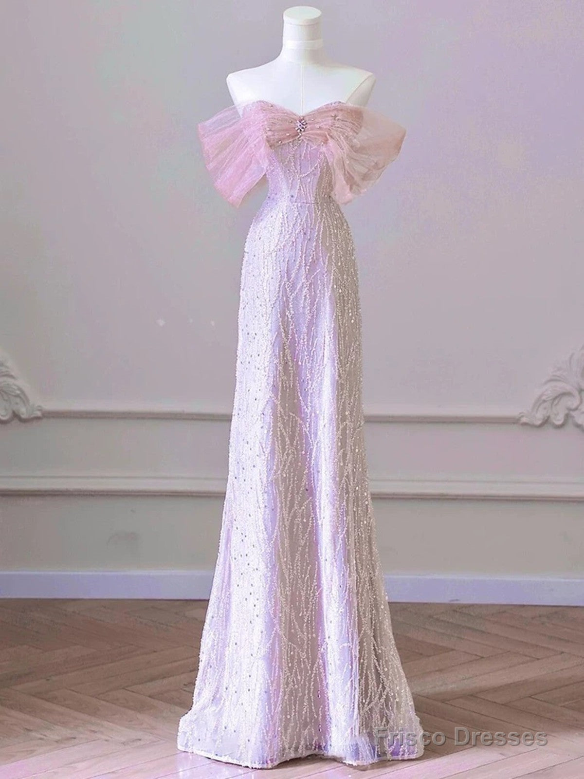 Pink Tulle And Sequins Off Shoulder Long Party Dress, Pink Beaded Chich Prom Dress