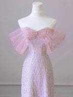 Pink Tulle And Sequins Off Shoulder Long Party Dress, Pink Beaded Chich Prom Dress